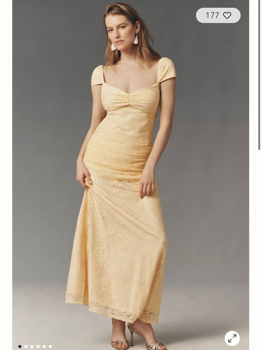 Anthropologie Pale Yellow Lace Maxi Dress with Cap Sleeves